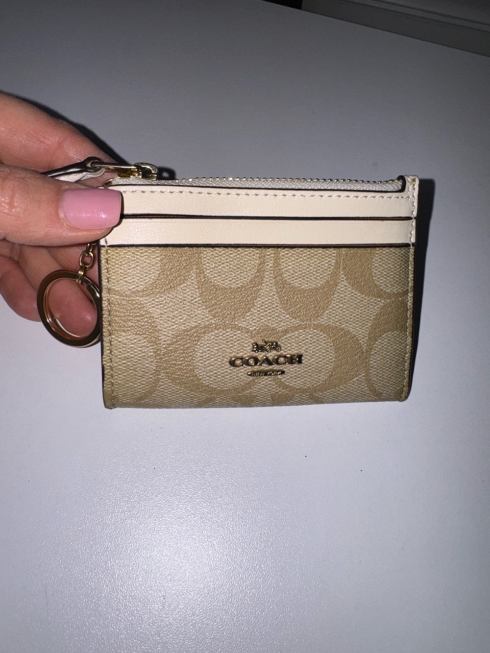 Coach Tan & Cream Signature Card Case Keyring